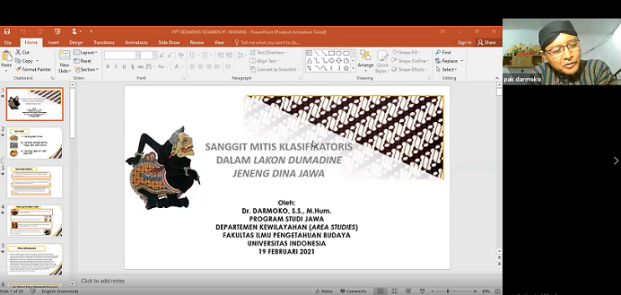 Dr. Darmoko, M.Hum. menyampaikan materi dalam Sedaring Kejawen #1